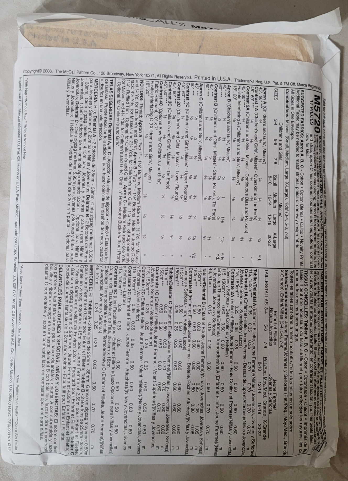 McCall's Apron Pattern M5720